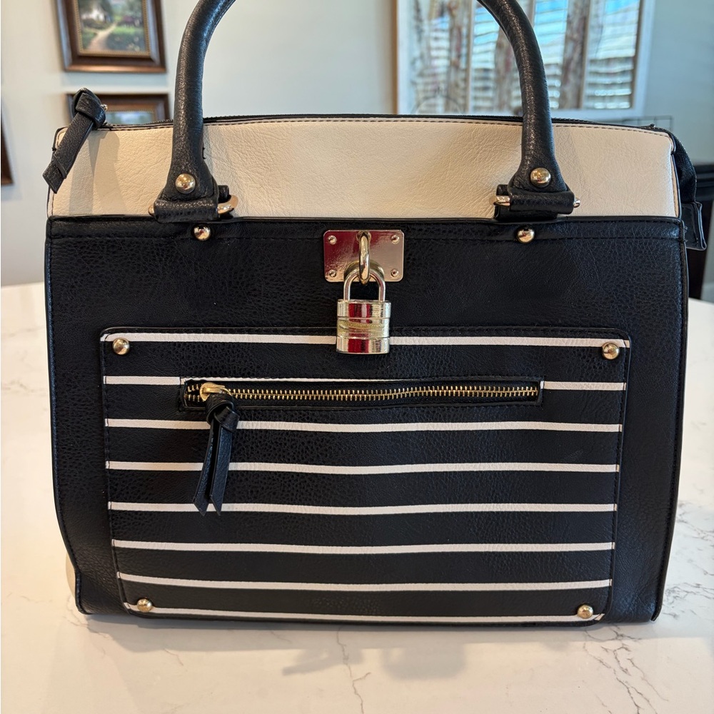 Call It Spring Black and White Striped Satchel with Gold Hardware